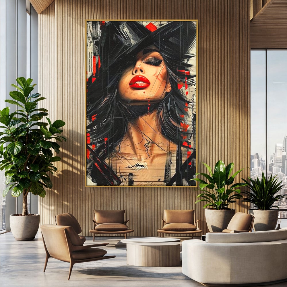 Tablou Canvas Premium, LuxCanva® G1101, Privirea de Catifea, Red, Lips, Privire, Pasiune, Negru, Eleganta, Glam, Palarie, Accesoriu, Living, Dormitor
