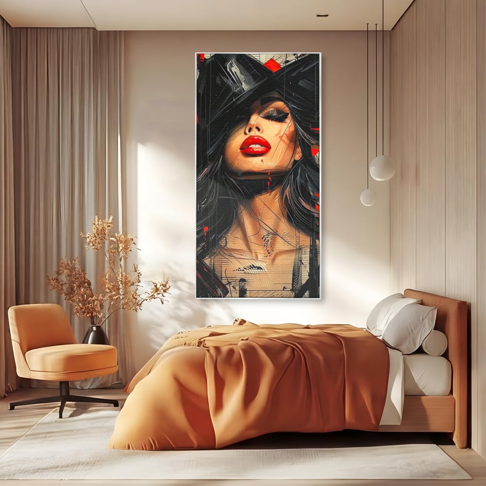 Tablou Canvas Premium, LuxCanva® G1101, Privirea de Catifea, Red, Lips, Privire, Pasiune, Negru, Eleganta, Glam, Palarie, Accesoriu, Living, Dormitor