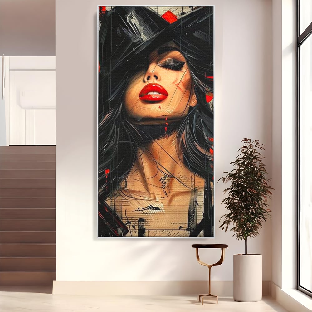 Tablou Canvas Premium, LuxCanva® G1101, Privirea de Catifea, Red, Lips, Privire, Pasiune, Negru, Eleganta, Glam, Palarie, Accesoriu, Living, Dormitor