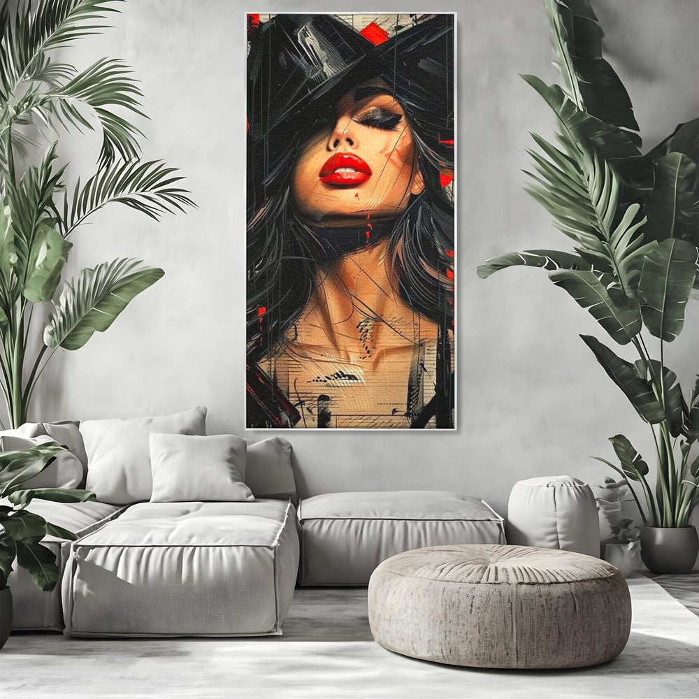 Tablou Canvas Premium, LuxCanva® G1101, Privirea de Catifea, Red, Lips, Privire, Pasiune, Negru, Eleganta, Glam, Palarie, Accesoriu, Living, Dormitor