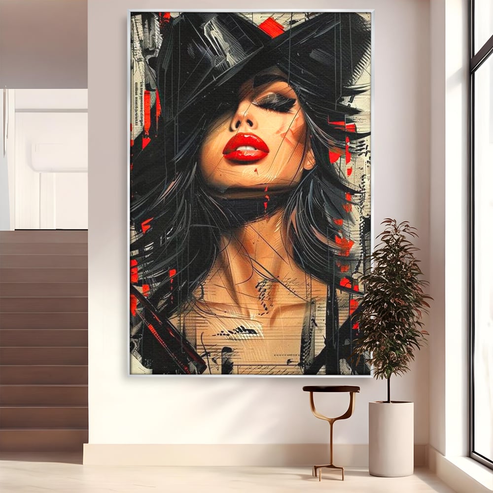 Tablou Canvas Premium, LuxCanva® G1101, Privirea de Catifea, Red, Lips, Privire, Pasiune, Negru, Eleganta, Glam, Palarie, Accesoriu, Living, Dormitor
