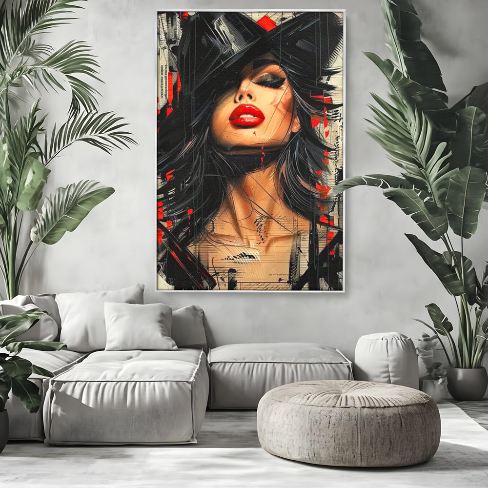Tablou Canvas Premium, LuxCanva® G1101, Privirea de Catifea, Red, Lips, Privire, Pasiune, Negru, Eleganta, Glam, Palarie, Accesoriu, Living, Dormitor