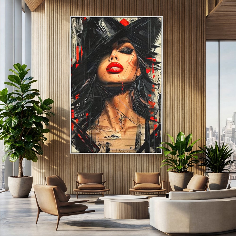 Tablou Canvas Premium, LuxCanva® G1101, Privirea de Catifea, Red, Lips, Privire, Pasiune, Negru, Eleganta, Glam, Palarie, Accesoriu, Living, Dormitor