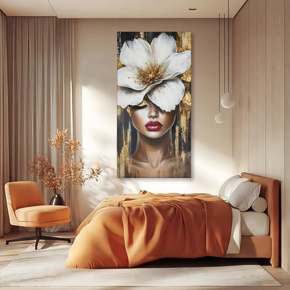 Tablou Canvas Premium, LuxCanva® G1103, Femeia de Sub Floare, Chip, Angelic, Inflorire, Delicatete, Fragilitate, Pasiune, Flori, Living, Dormitor