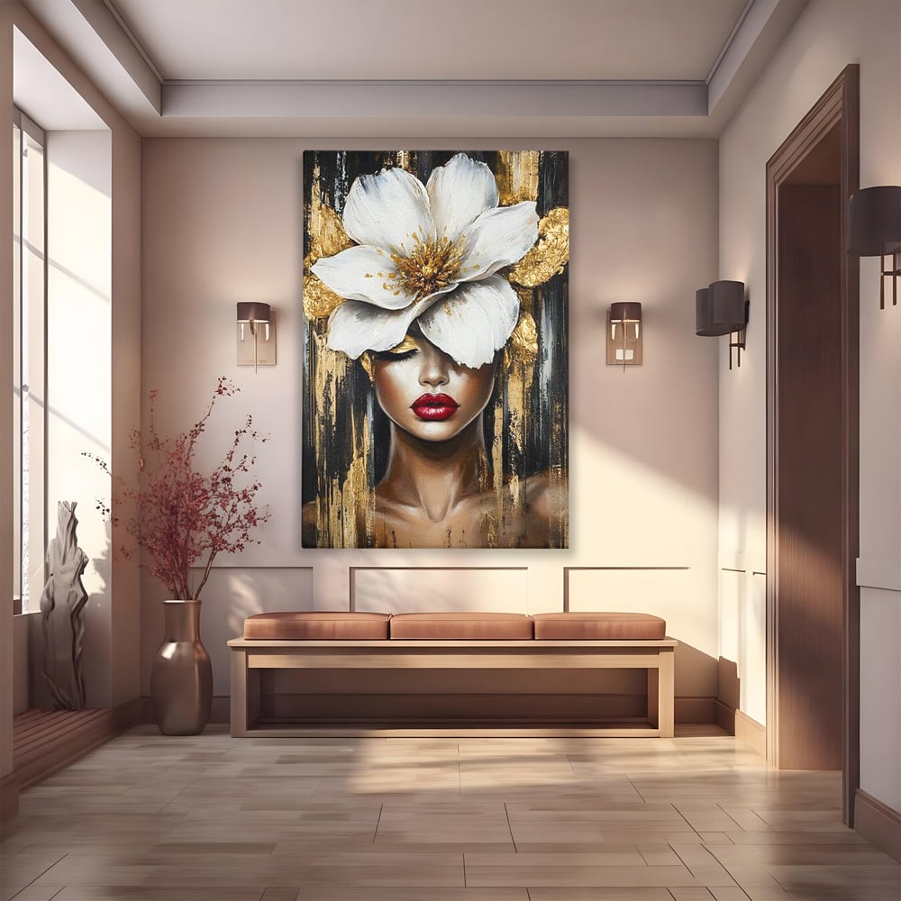 Tablou Canvas Premium, LuxCanva® G1103, Femeia de Sub Floare, Chip, Angelic, Inflorire, Delicatete, Fragilitate, Pasiune, Flori, Living, Dormitor