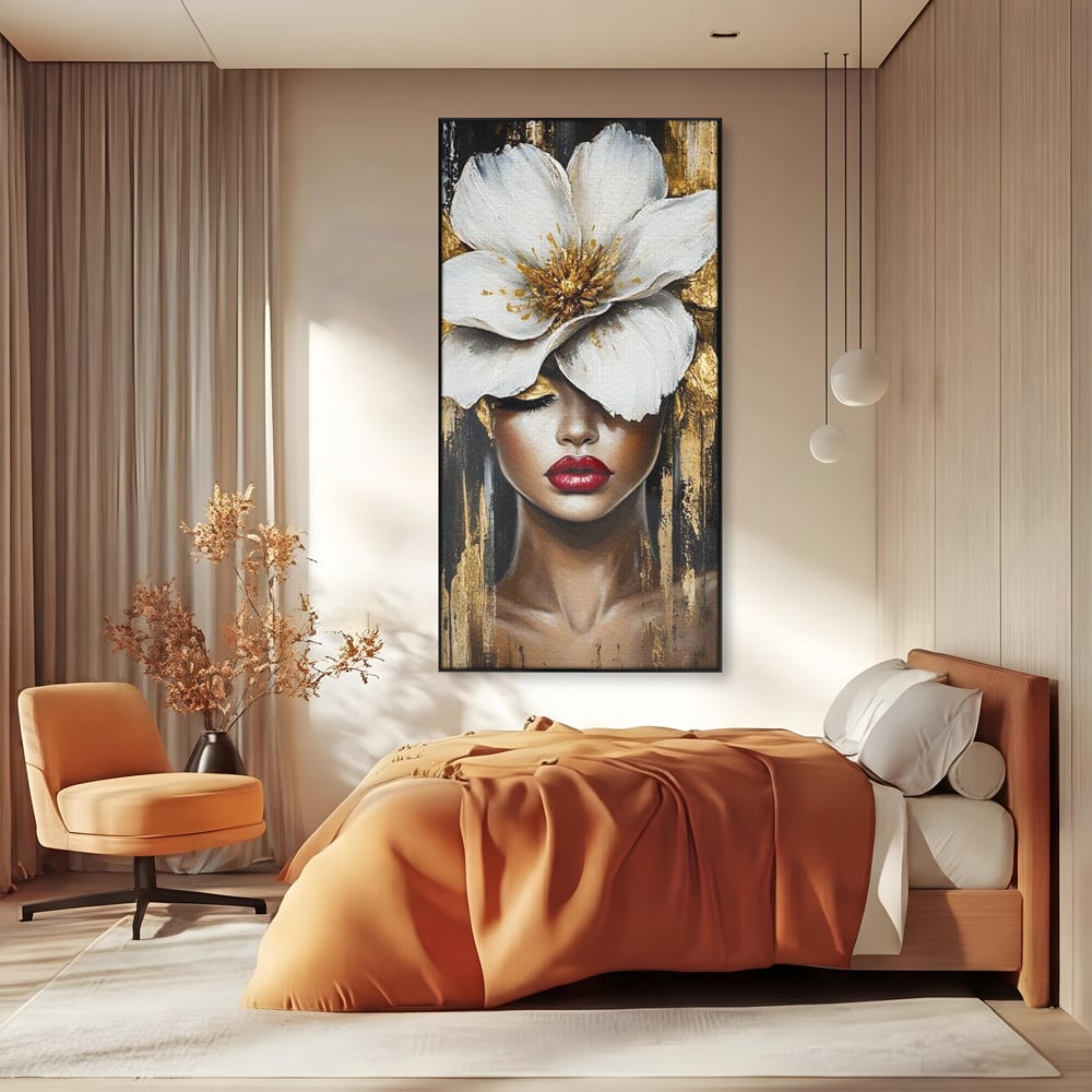 Tablou Canvas Premium, LuxCanva® G1103, Femeia de Sub Floare, Chip, Angelic, Inflorire, Delicatete, Fragilitate, Pasiune, Flori, Living, Dormitor