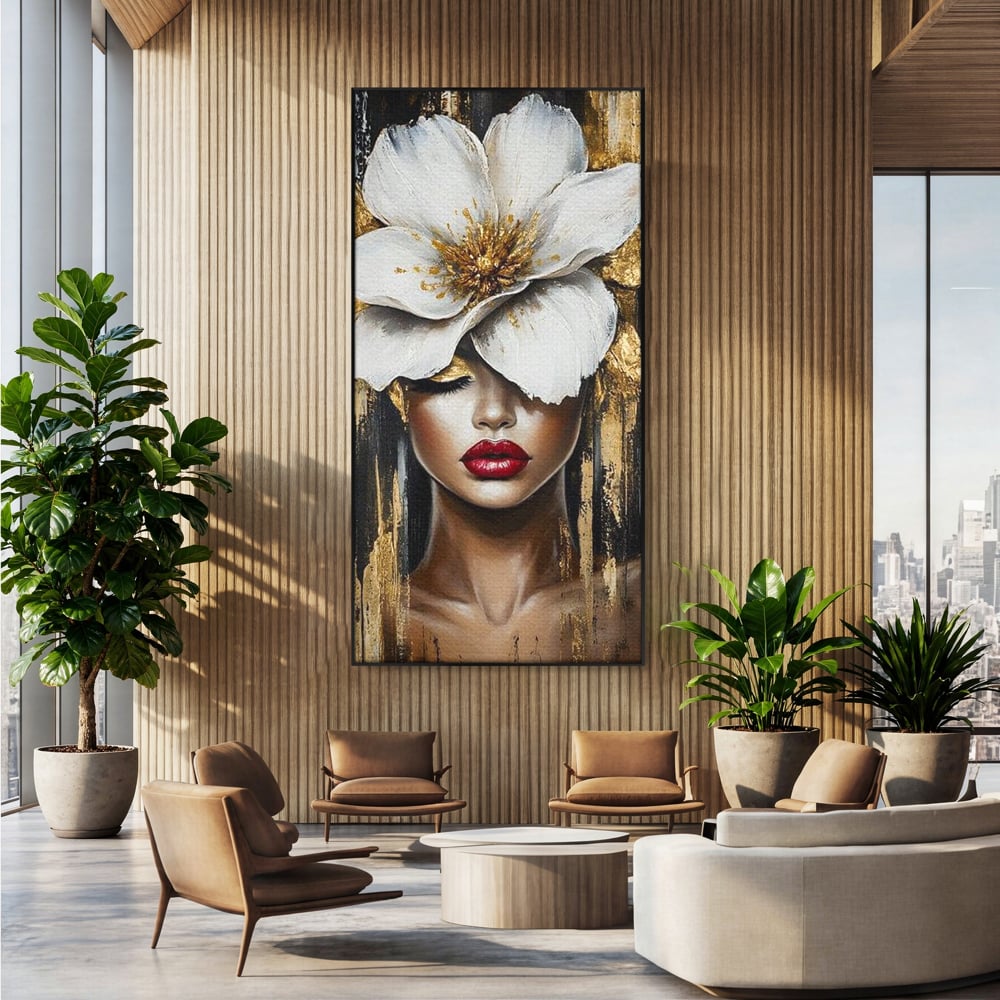 Tablou Canvas Premium, LuxCanva® G1103, Femeia de Sub Floare, Chip, Angelic, Inflorire, Delicatete, Fragilitate, Pasiune, Flori, Living, Dormitor