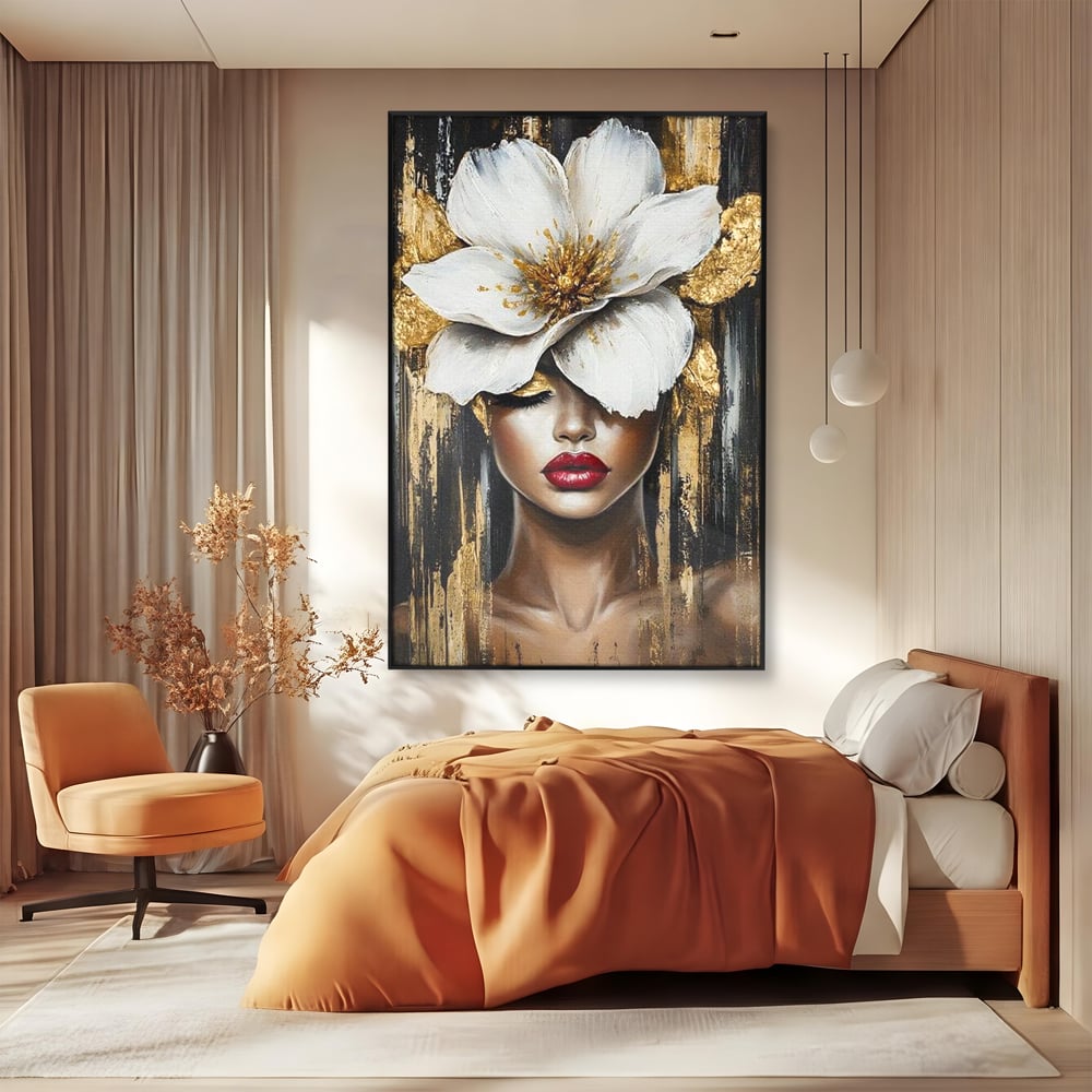 Tablou Canvas Premium, LuxCanva® G1103, Femeia de Sub Floare, Chip, Angelic, Inflorire, Delicatete, Fragilitate, Pasiune, Flori, Living, Dormitor