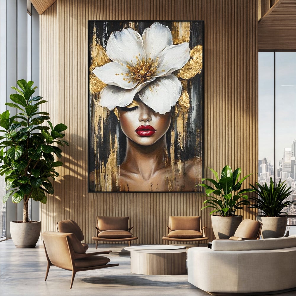 Tablou Canvas Premium, LuxCanva® G1103, Femeia de Sub Floare, Chip, Angelic, Inflorire, Delicatete, Fragilitate, Pasiune, Flori, Living, Dormitor