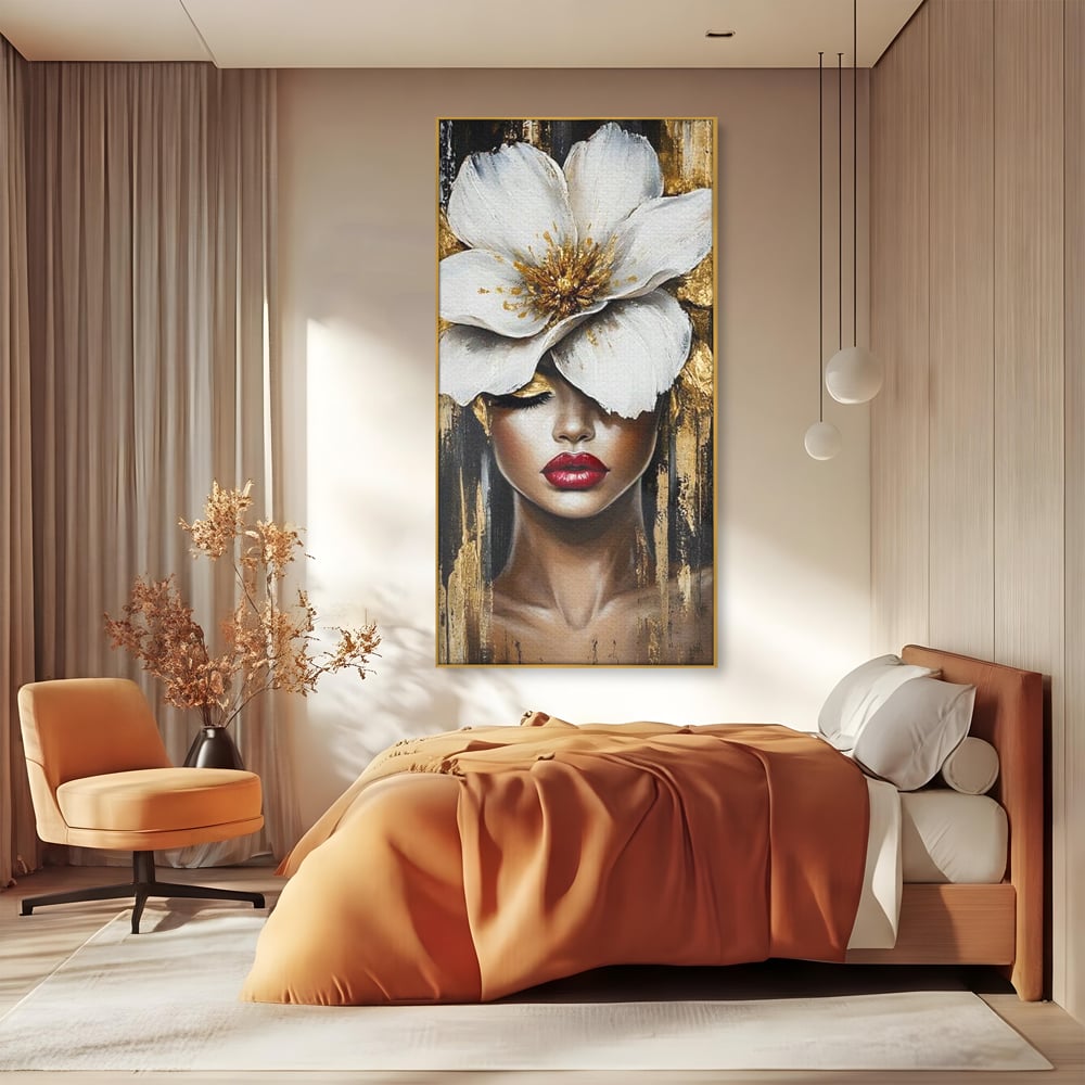 Tablou Canvas Premium, LuxCanva® G1103, Femeia de Sub Floare, Chip, Angelic, Inflorire, Delicatete, Fragilitate, Pasiune, Flori, Living, Dormitor