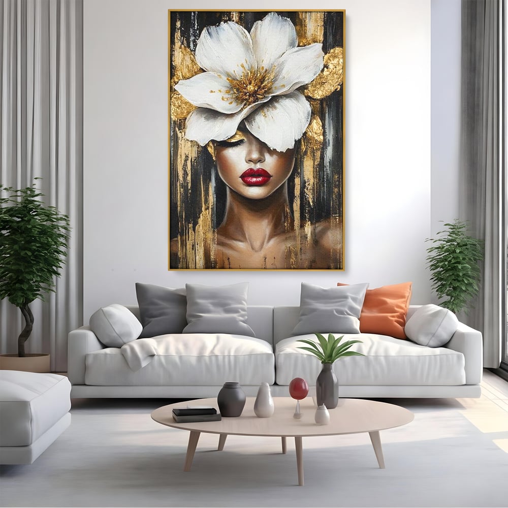 Tablou Canvas Premium, LuxCanva® G1103, Femeia de Sub Floare, Chip, Angelic, Inflorire, Delicatete, Fragilitate, Pasiune, Flori, Living, Dormitor