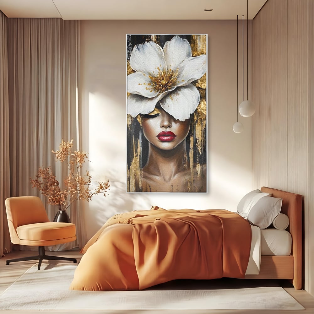 Tablou Canvas Premium, LuxCanva® G1103, Femeia de Sub Floare, Chip, Angelic, Inflorire, Delicatete, Fragilitate, Pasiune, Flori, Living, Dormitor