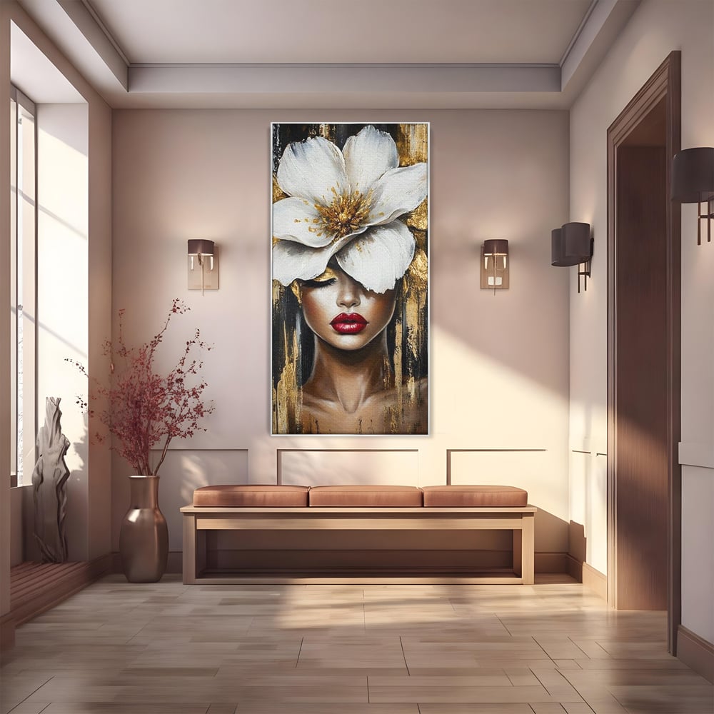Tablou Canvas Premium, LuxCanva® G1103, Femeia de Sub Floare, Chip, Angelic, Inflorire, Delicatete, Fragilitate, Pasiune, Flori, Living, Dormitor