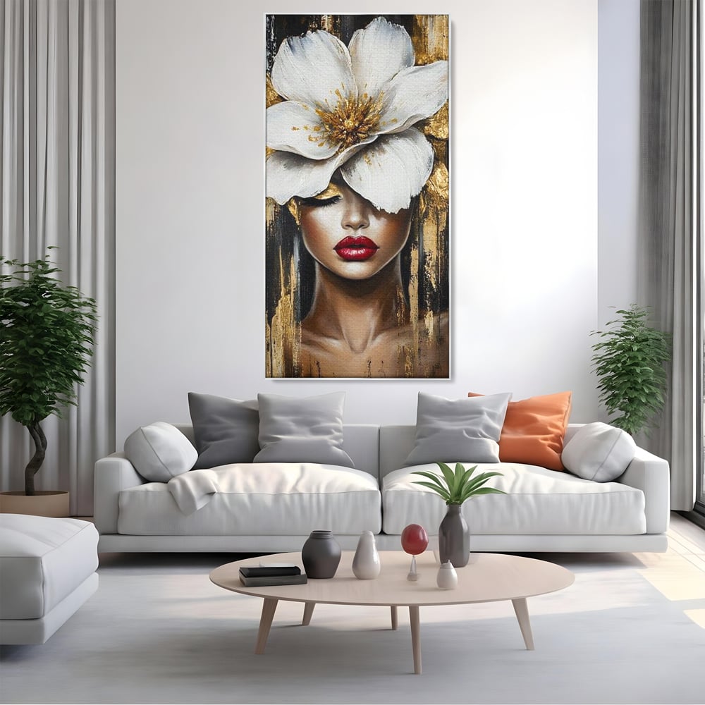Tablou Canvas Premium, LuxCanva® G1103, Femeia de Sub Floare, Chip, Angelic, Inflorire, Delicatete, Fragilitate, Pasiune, Flori, Living, Dormitor