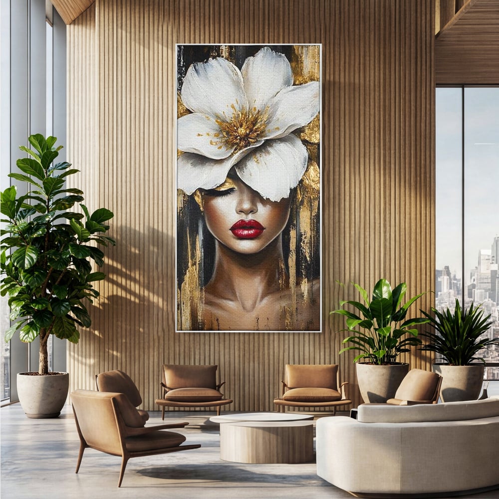 Tablou Canvas Premium, LuxCanva® G1103, Femeia de Sub Floare, Chip, Angelic, Inflorire, Delicatete, Fragilitate, Pasiune, Flori, Living, Dormitor