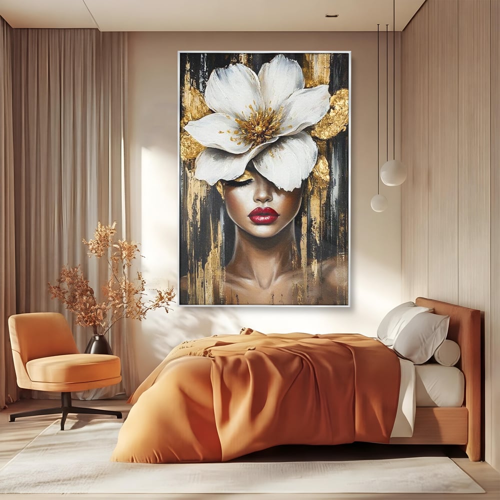 Tablou Canvas Premium, LuxCanva® G1103, Femeia de Sub Floare, Chip, Angelic, Inflorire, Delicatete, Fragilitate, Pasiune, Flori, Living, Dormitor