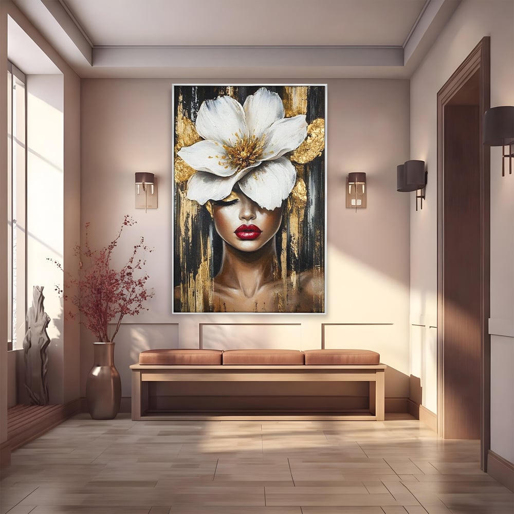 Tablou Canvas Premium, LuxCanva® G1103, Femeia de Sub Floare, Chip, Angelic, Inflorire, Delicatete, Fragilitate, Pasiune, Flori, Living, Dormitor