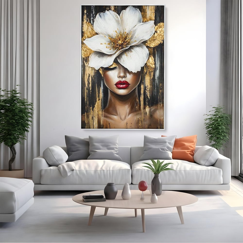Tablou Canvas Premium, LuxCanva® G1103, Femeia de Sub Floare, Chip, Angelic, Inflorire, Delicatete, Fragilitate, Pasiune, Flori, Living, Dormitor