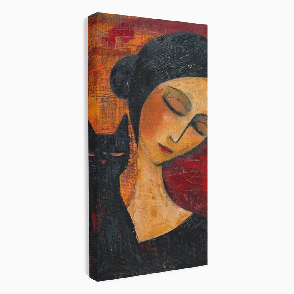 Tablou Canvas Premium, LuxCanva® G1105, Pisica si Muza,  Pisica, Femeie, Umbra, Tacere, Ganduri, Boem, Taina, Emotie, Liniste, Iubire, Living, Dormitor