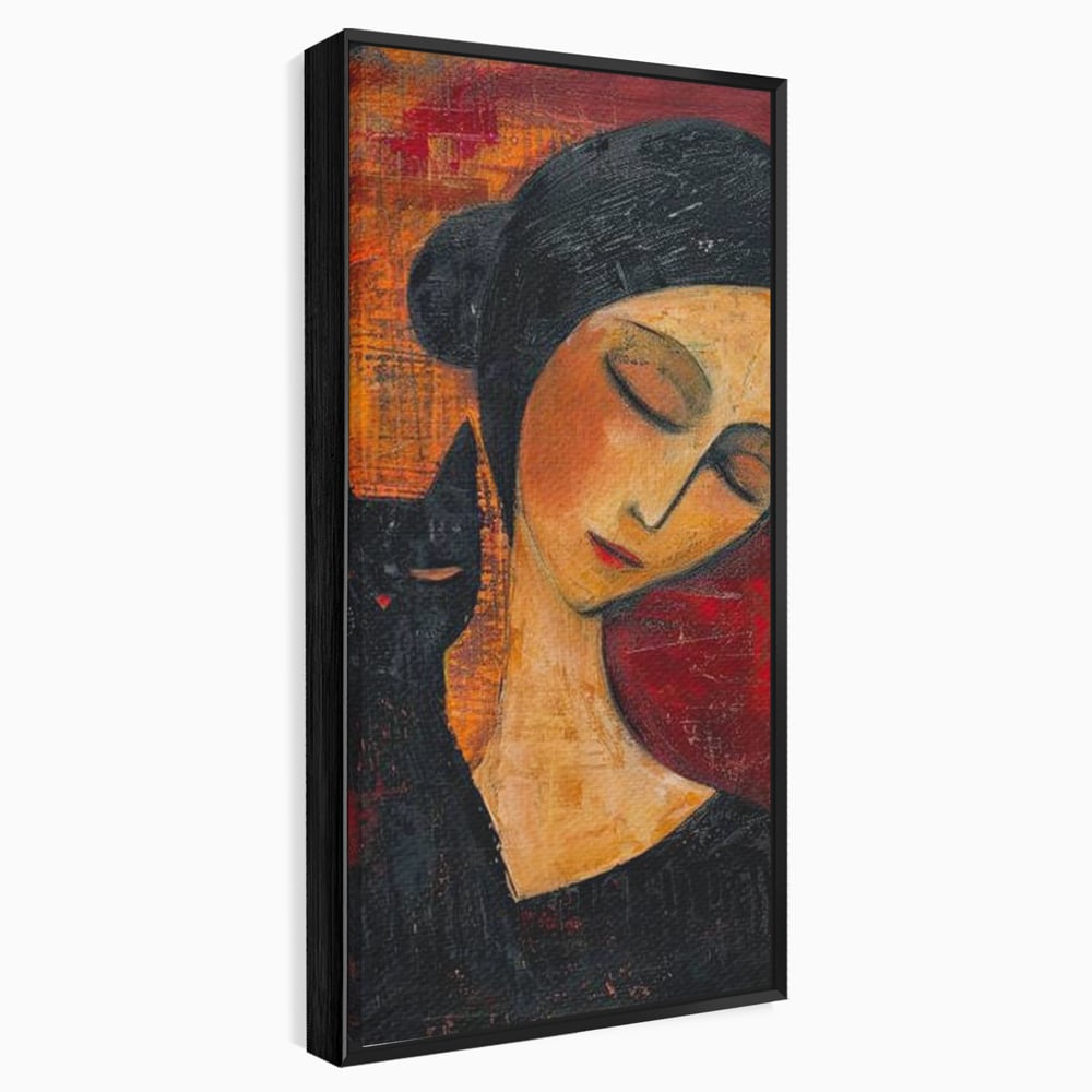 Tablou Canvas Premium, LuxCanva® G1105, Pisica si Muza,  Pisica, Femeie, Umbra, Tacere, Ganduri, Boem, Taina, Emotie, Liniste, Iubire, Living, Dormitor