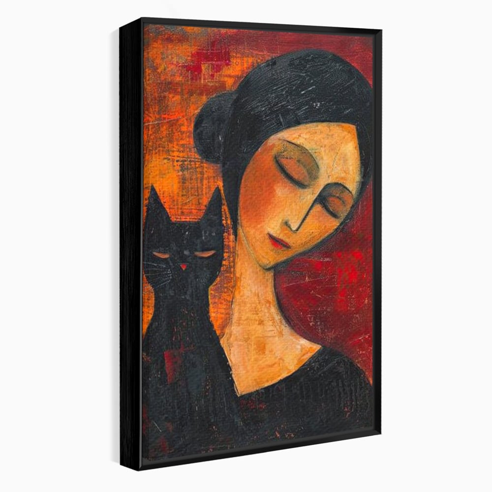 Tablou Canvas Premium, LuxCanva® G1105, Pisica si Muza,  Pisica, Femeie, Umbra, Tacere, Ganduri, Boem, Taina, Emotie, Liniste, Iubire, Living, Dormitor