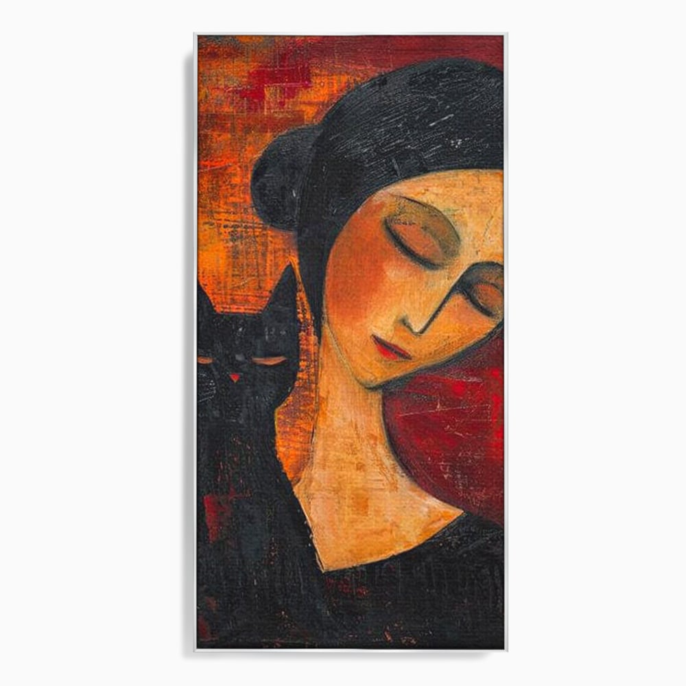 Tablou Canvas Premium, LuxCanva® G1105, Pisica si Muza,  Pisica, Femeie, Umbra, Tacere, Ganduri, Boem, Taina, Emotie, Liniste, Iubire, Living, Dormitor