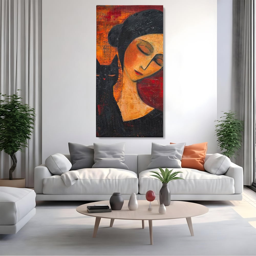 Tablou Canvas Premium, LuxCanva® G1105, Pisica si Muza,  Pisica, Femeie, Umbra, Tacere, Ganduri, Boem, Taina, Emotie, Liniste, Iubire, Living, Dormitor