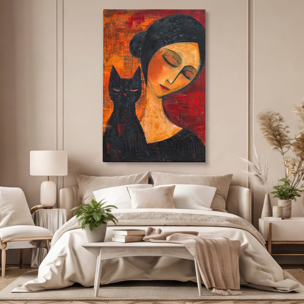 Tablou Canvas Premium, LuxCanva® G1105, Pisica si Muza,  Pisica, Femeie, Umbra, Tacere, Ganduri, Boem, Taina, Emotie, Liniste, Iubire, Living, Dormitor