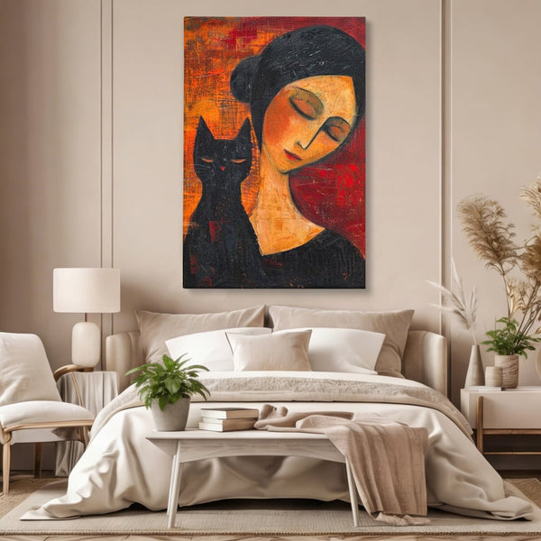 Tablou Canvas Premium, LuxCanva® G1105, Pisica si Muza,  Pisica, Femeie, Umbra, Tacere, Ganduri, Boem, Taina, Emotie, Liniste, Iubire, Living, Dormitor