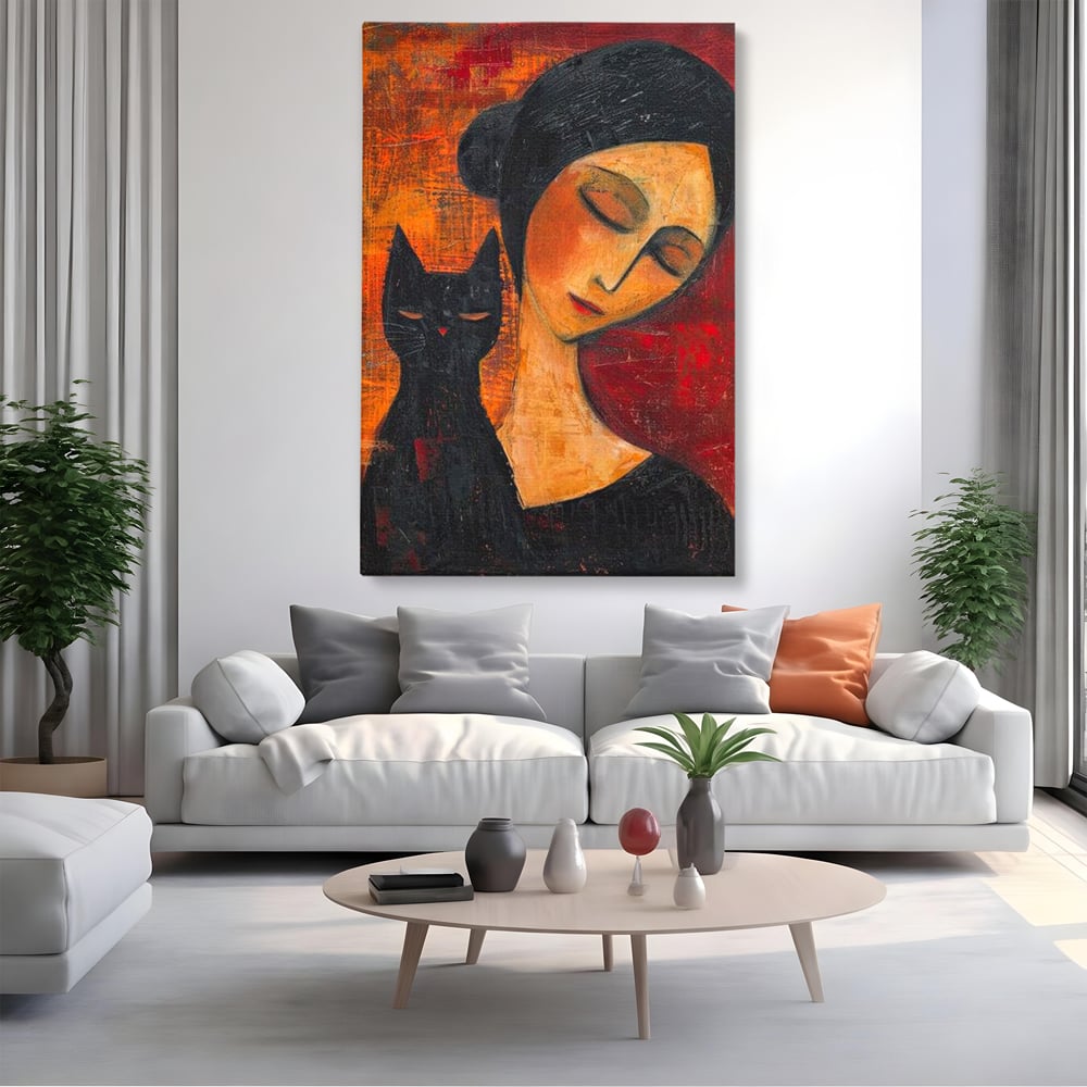Tablou Canvas Premium, LuxCanva® G1105, Pisica si Muza,  Pisica, Femeie, Umbra, Tacere, Ganduri, Boem, Taina, Emotie, Liniste, Iubire, Living, Dormitor