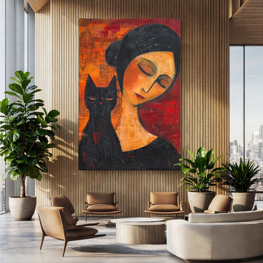 Tablou Canvas Premium, LuxCanva® G1105, Pisica si Muza,  Pisica, Femeie, Umbra, Tacere, Ganduri, Boem, Taina, Emotie, Liniste, Iubire, Living, Dormitor