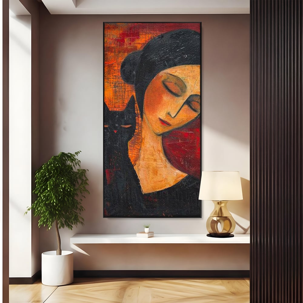 Tablou Canvas Premium, LuxCanva® G1105, Pisica si Muza,  Pisica, Femeie, Umbra, Tacere, Ganduri, Boem, Taina, Emotie, Liniste, Iubire, Living, Dormitor