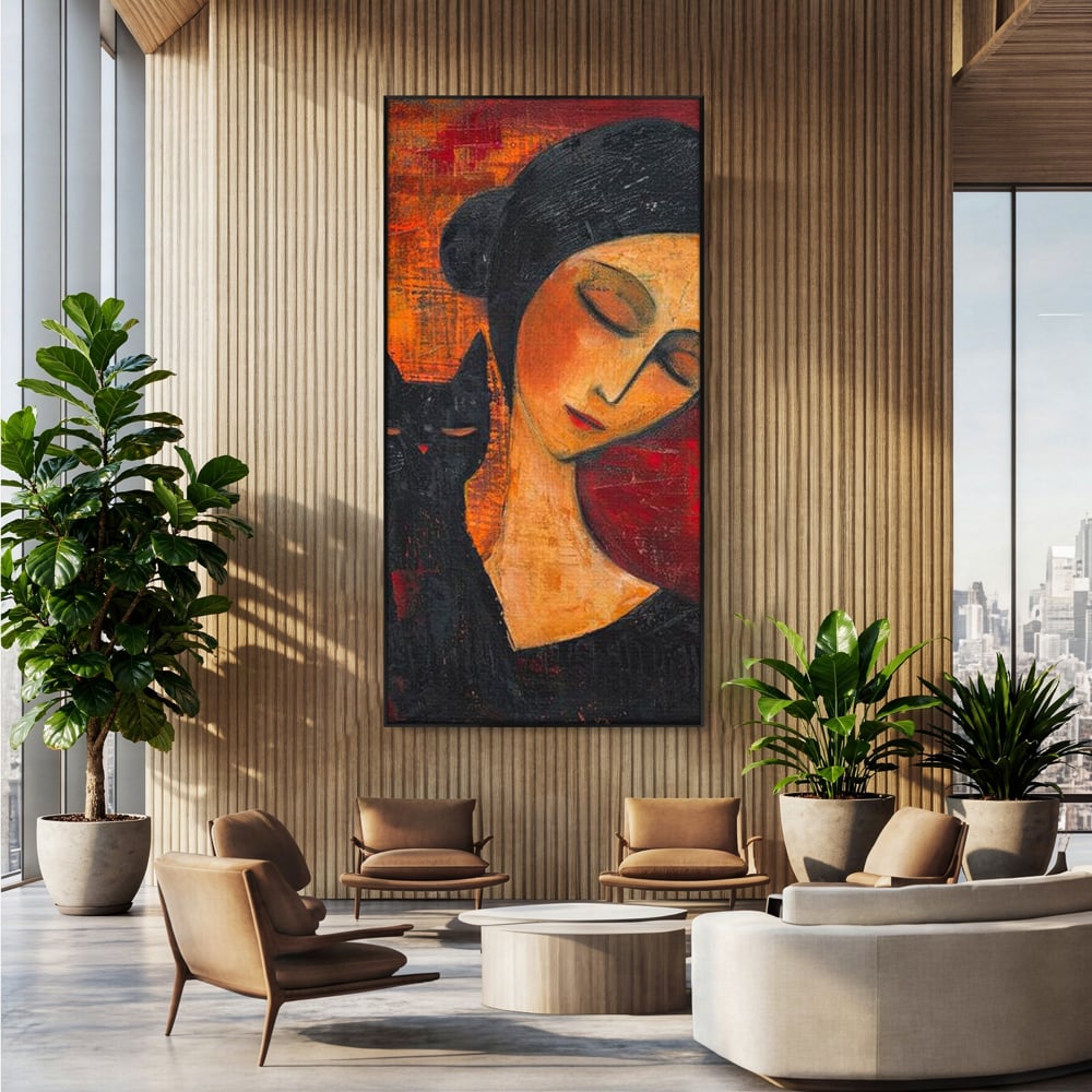 Tablou Canvas Premium, LuxCanva® G1105, Pisica si Muza,  Pisica, Femeie, Umbra, Tacere, Ganduri, Boem, Taina, Emotie, Liniste, Iubire, Living, Dormitor