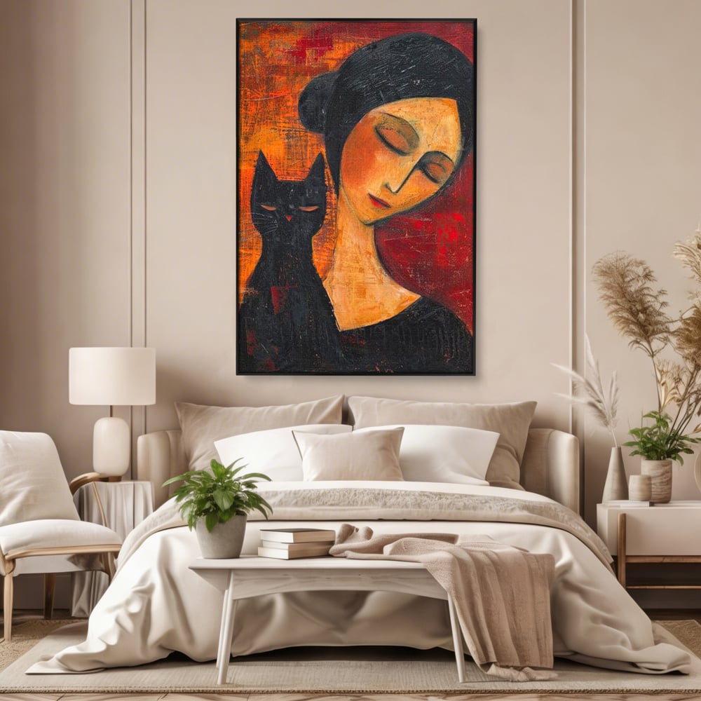 Tablou Canvas Premium, LuxCanva® G1105, Pisica si Muza,  Pisica, Femeie, Umbra, Tacere, Ganduri, Boem, Taina, Emotie, Liniste, Iubire, Living, Dormitor