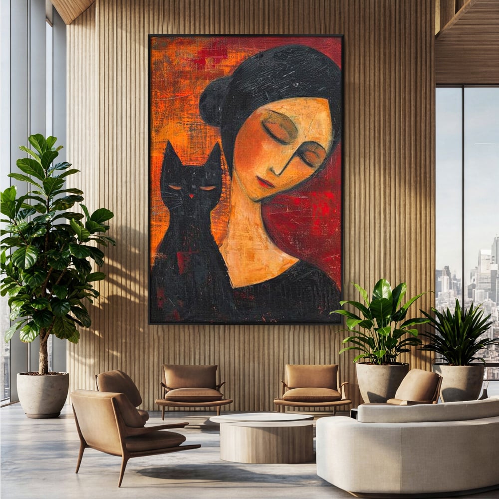Tablou Canvas Premium, LuxCanva® G1105, Pisica si Muza,  Pisica, Femeie, Umbra, Tacere, Ganduri, Boem, Taina, Emotie, Liniste, Iubire, Living, Dormitor