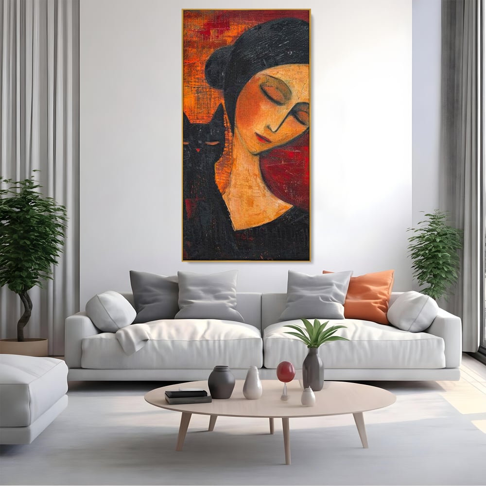 Tablou Canvas Premium, LuxCanva® G1105, Pisica si Muza,  Pisica, Femeie, Umbra, Tacere, Ganduri, Boem, Taina, Emotie, Liniste, Iubire, Living, Dormitor