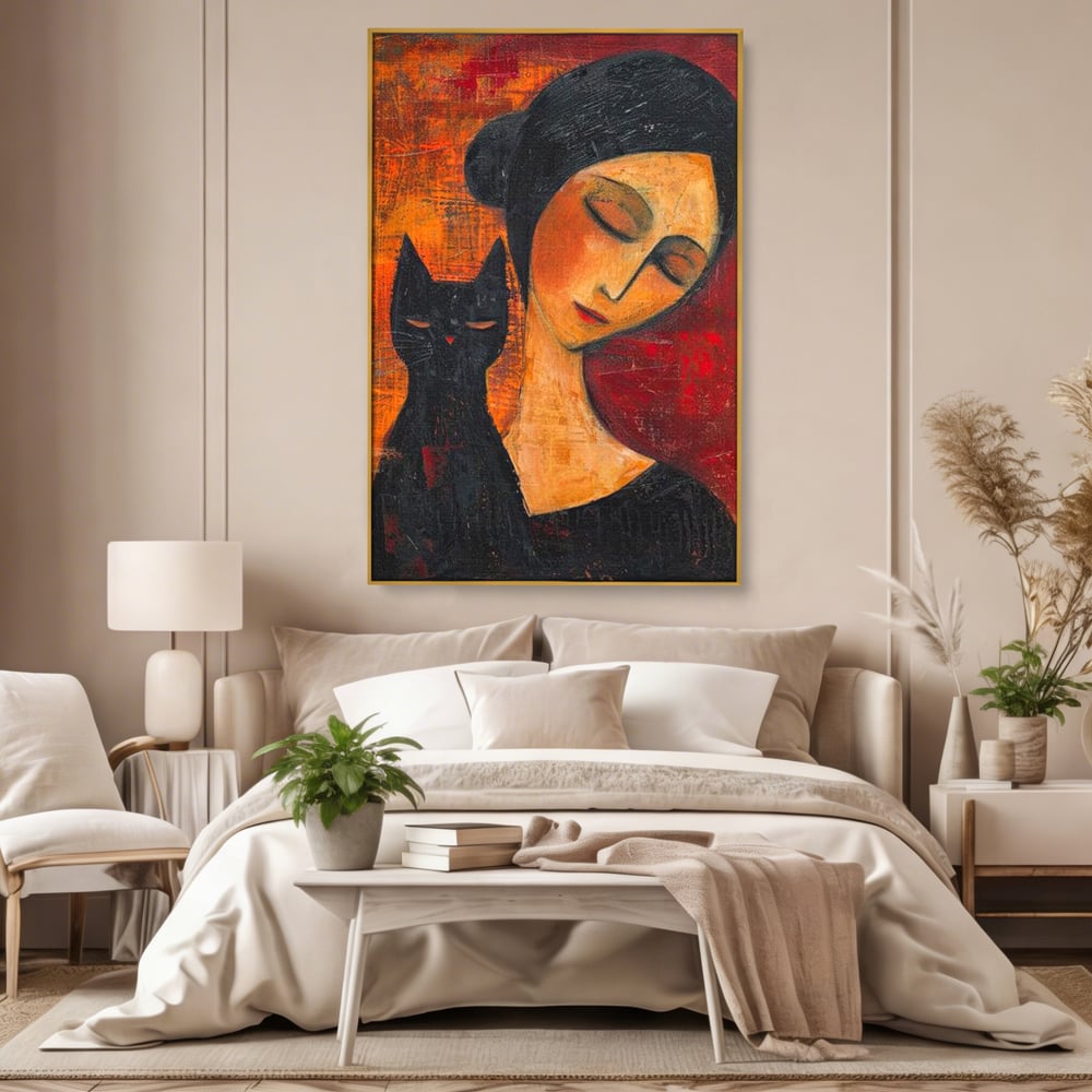Tablou Canvas Premium, LuxCanva® G1105, Pisica si Muza,  Pisica, Femeie, Umbra, Tacere, Ganduri, Boem, Taina, Emotie, Liniste, Iubire, Living, Dormitor