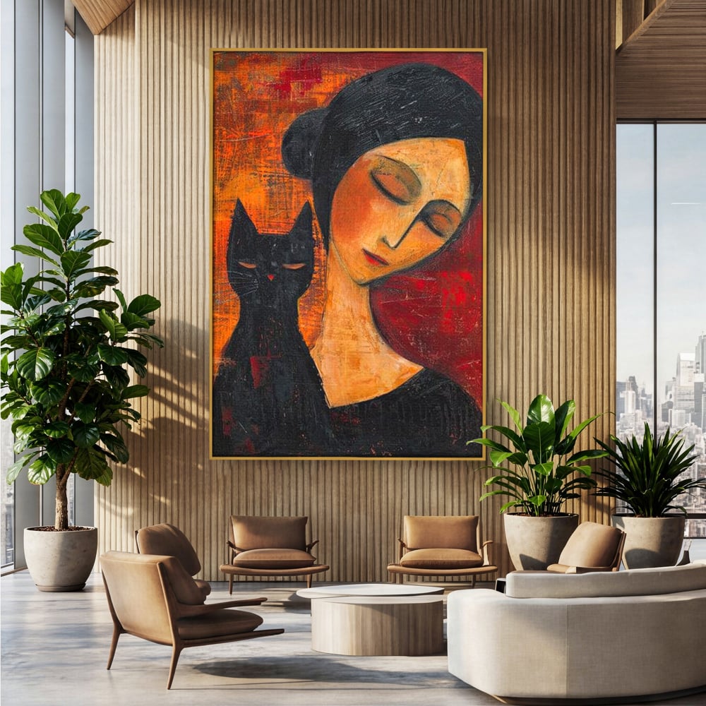 Tablou Canvas Premium, LuxCanva® G1105, Pisica si Muza,  Pisica, Femeie, Umbra, Tacere, Ganduri, Boem, Taina, Emotie, Liniste, Iubire, Living, Dormitor