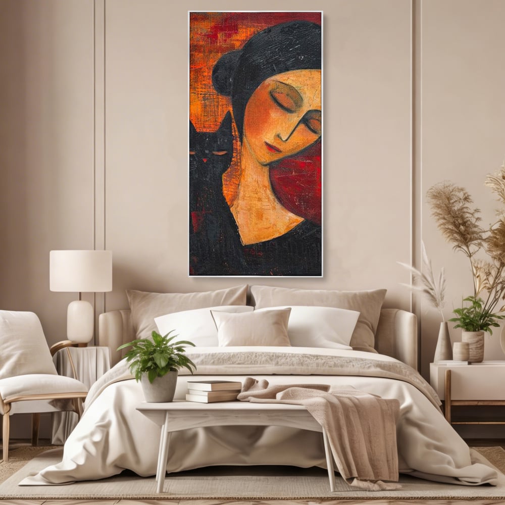 Tablou Canvas Premium, LuxCanva® G1105, Pisica si Muza,  Pisica, Femeie, Umbra, Tacere, Ganduri, Boem, Taina, Emotie, Liniste, Iubire, Living, Dormitor