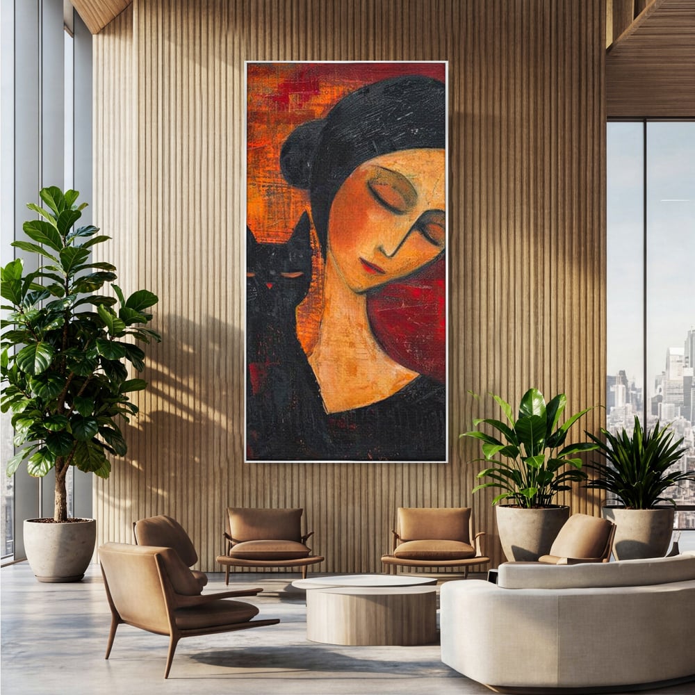 Tablou Canvas Premium, LuxCanva® G1105, Pisica si Muza,  Pisica, Femeie, Umbra, Tacere, Ganduri, Boem, Taina, Emotie, Liniste, Iubire, Living, Dormitor