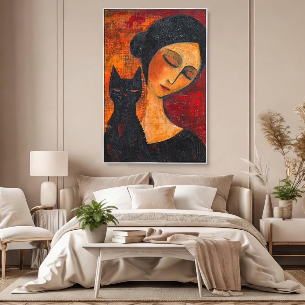 Tablou Canvas Premium, LuxCanva® G1105, Pisica si Muza,  Pisica, Femeie, Umbra, Tacere, Ganduri, Boem, Taina, Emotie, Liniste, Iubire, Living, Dormitor