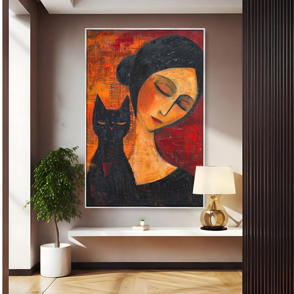 Tablou Canvas Premium, LuxCanva® G1105, Pisica si Muza,  Pisica, Femeie, Umbra, Tacere, Ganduri, Boem, Taina, Emotie, Liniste, Iubire, Living, Dormitor