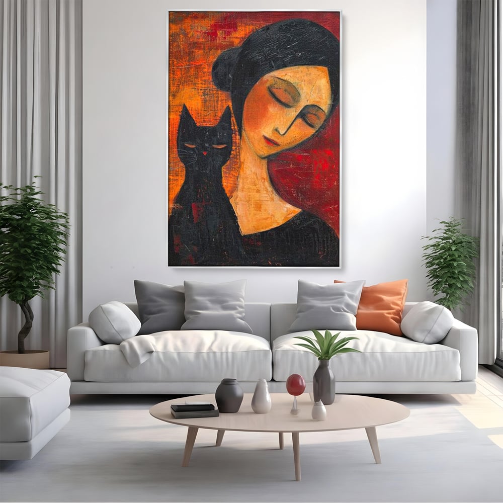 Tablou Canvas Premium, LuxCanva® G1105, Pisica si Muza,  Pisica, Femeie, Umbra, Tacere, Ganduri, Boem, Taina, Emotie, Liniste, Iubire, Living, Dormitor