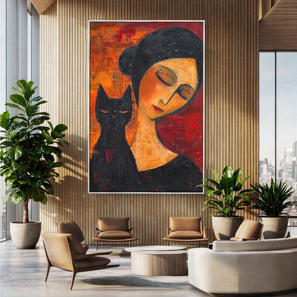 Tablou Canvas Premium, LuxCanva® G1105, Pisica si Muza,  Pisica, Femeie, Umbra, Tacere, Ganduri, Boem, Taina, Emotie, Liniste, Iubire, Living, Dormitor