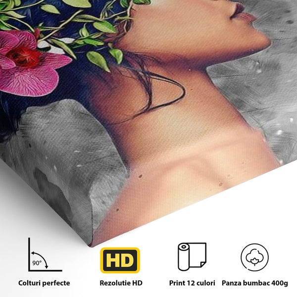 Tablou Canvas Premium, LuxCanva® G1107, Fata si Pasarea Colibri, Natura, Pasare, Flori, Aripi, Poetic, Frumusete, Feminitate, Zbor, Living, Dormitor
