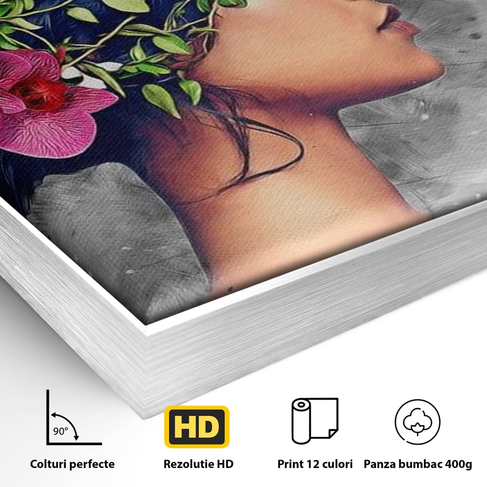 Tablou Canvas Premium, LuxCanva® G1107, Fata si Pasarea Colibri, Natura, Pasare, Flori, Aripi, Poetic, Frumusete, Feminitate, Zbor, Living, Dormitor