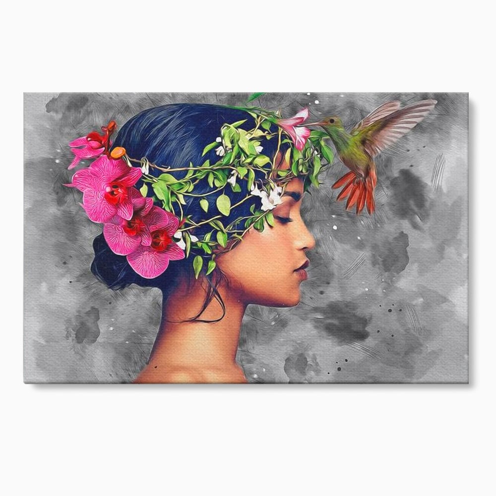 Tablou Canvas Premium, LuxCanva® G1107, Fata si Pasarea Colibri, Natura, Pasare, Flori, Aripi, Poetic, Frumusete, Feminitate, Zbor, Living, Dormitor