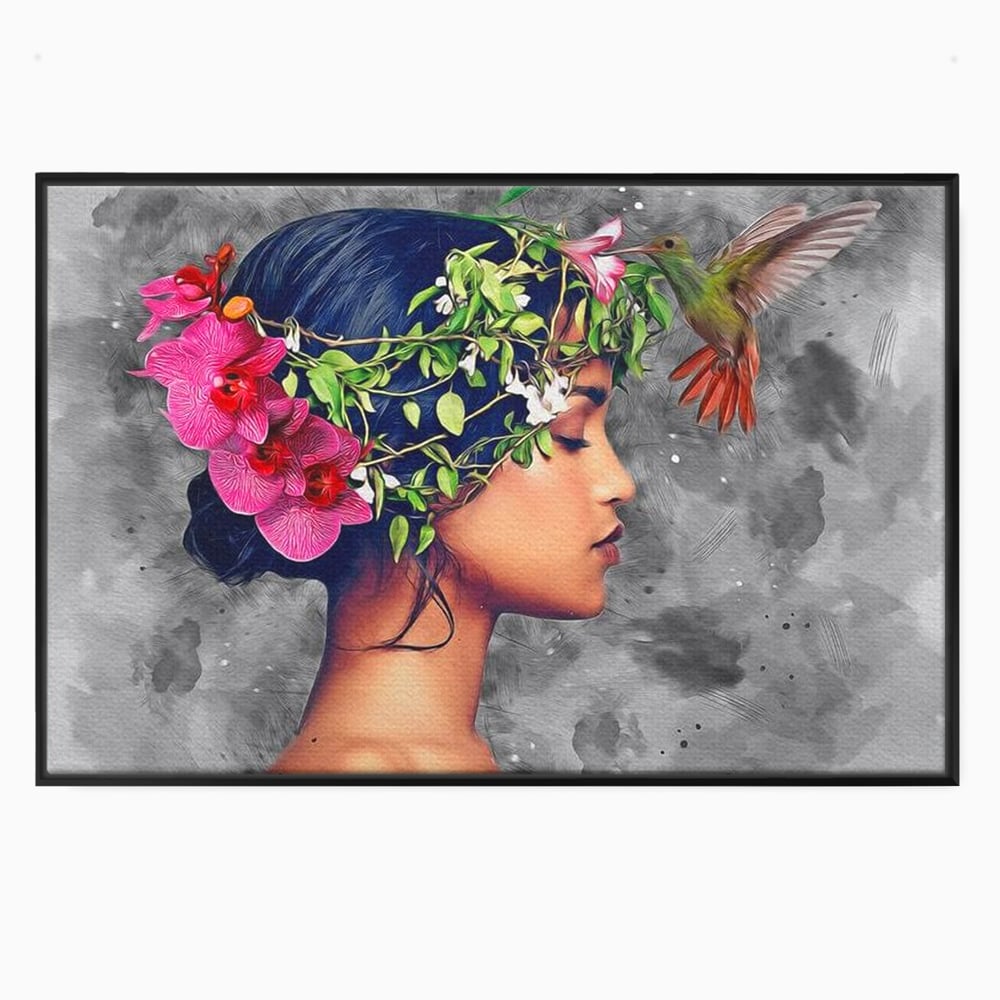 Tablou Canvas Premium, LuxCanva® G1107, Fata si Pasarea Colibri, Natura, Pasare, Flori, Aripi, Poetic, Frumusete, Feminitate, Zbor, Living, Dormitor