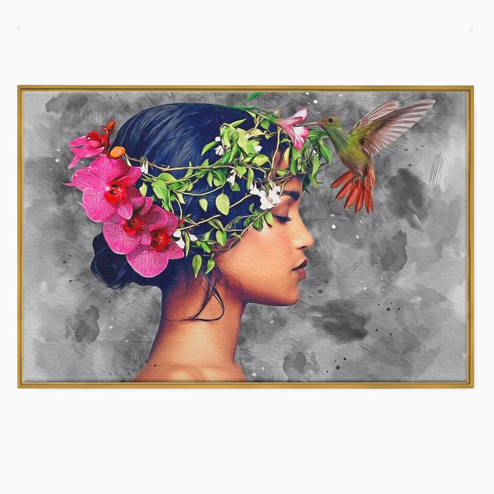 Tablou Canvas Premium, LuxCanva® G1107, Fata si Pasarea Colibri, Natura, Pasare, Flori, Aripi, Poetic, Frumusete, Feminitate, Zbor, Living, Dormitor