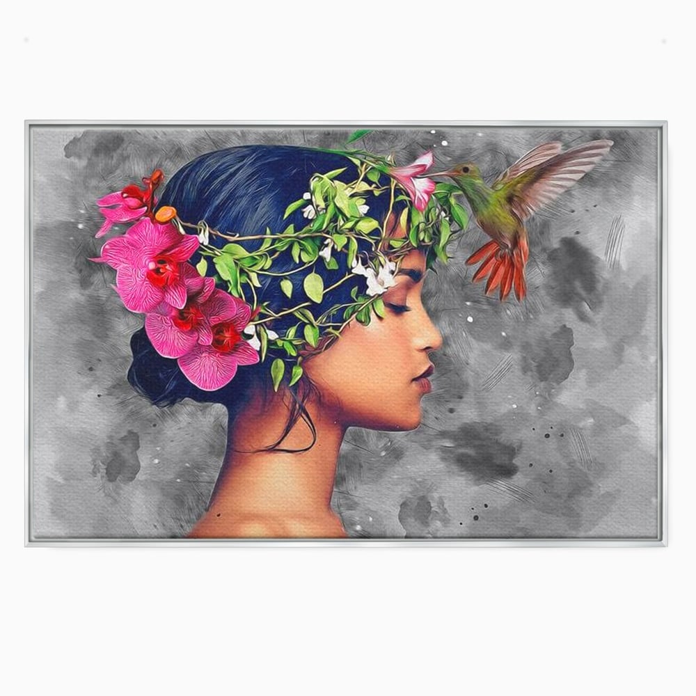 Tablou Canvas Premium, LuxCanva® G1107, Fata si Pasarea Colibri, Natura, Pasare, Flori, Aripi, Poetic, Frumusete, Feminitate, Zbor, Living, Dormitor
